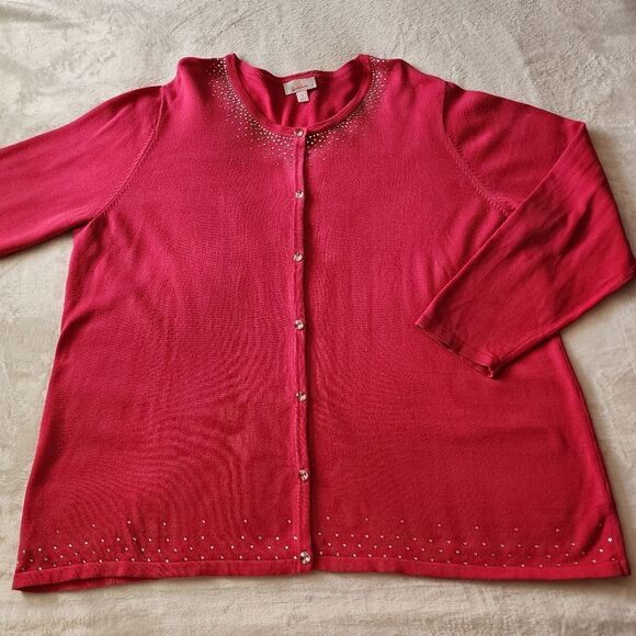 Quacker Factory Plus Size 2X Dark Pink Cardigan Embellished Long Sleeve - Picture 1 of 10